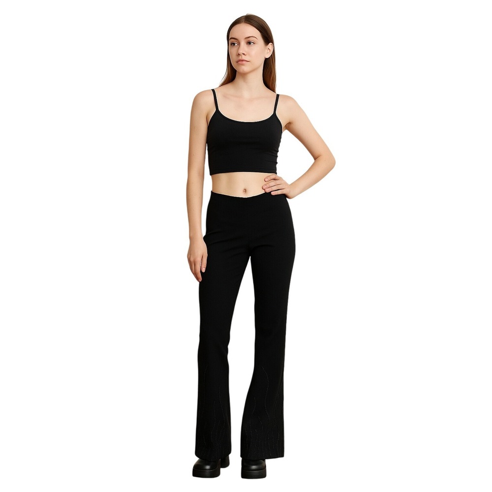 HELIUM VINTAGE 90s Black Low Rise Beaded‎ Flame Pants Y2K Pocketless Trousers